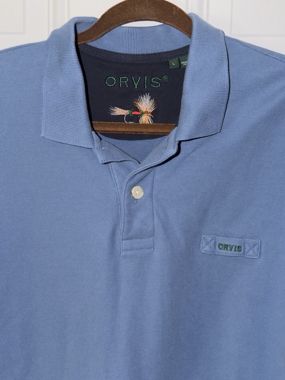 Orvis Men's Blue Cotton Polo Shirt L Short Sleeve Easy Care Embroidered Fly
